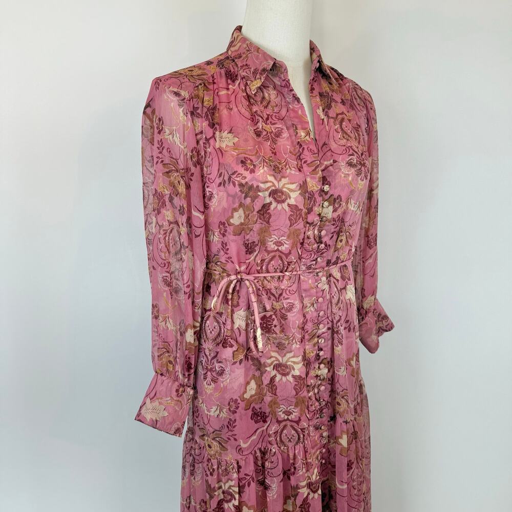 MISA Los Angeles Sheer Chiffon Maxi Dress Button-Down XS Pink/Brown - Picture 4 of 10